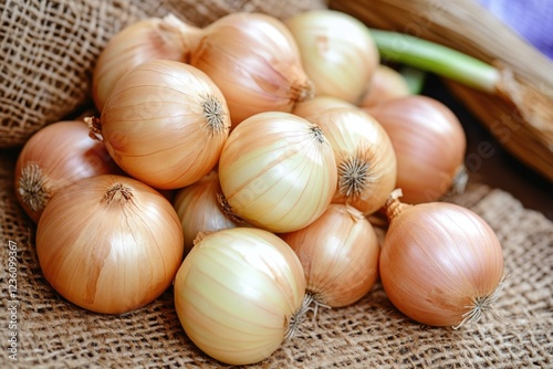 Fresh onions piled high on a wooden table, ready for use in cooking