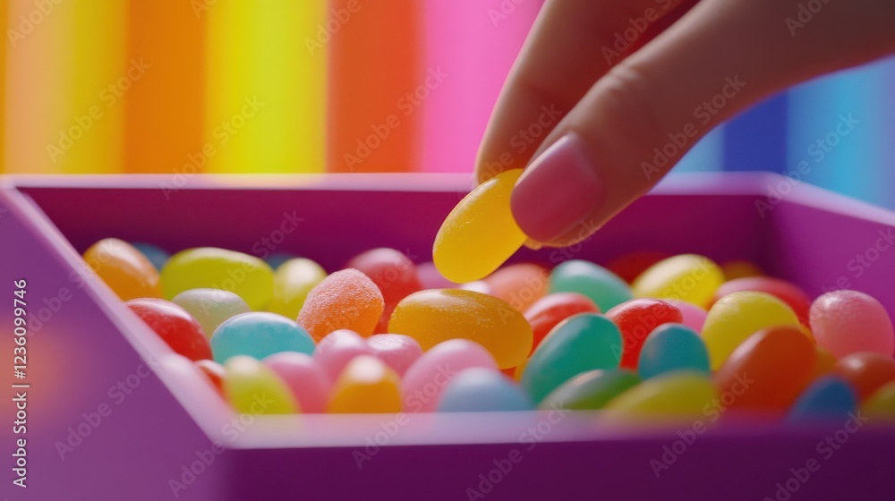 A hand picks a colorful jelly bean from a box A hand picks a colorful jelly bean from a box