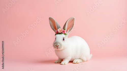 Wallpaper Mural Adorable fluffy rabbit wearing a delicate floral crown, sitting against a pastel pink background, embodying the charm of springtime beauty. Torontodigital.ca