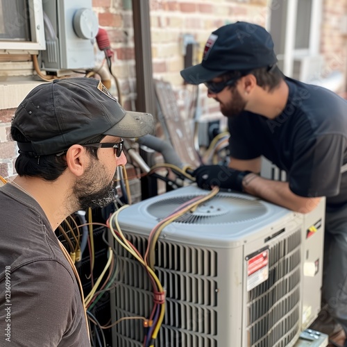 Two technicians are installing a new air conditioning unit outside a home. They are focused on connecting wires and ensuring proper setup in warm weather