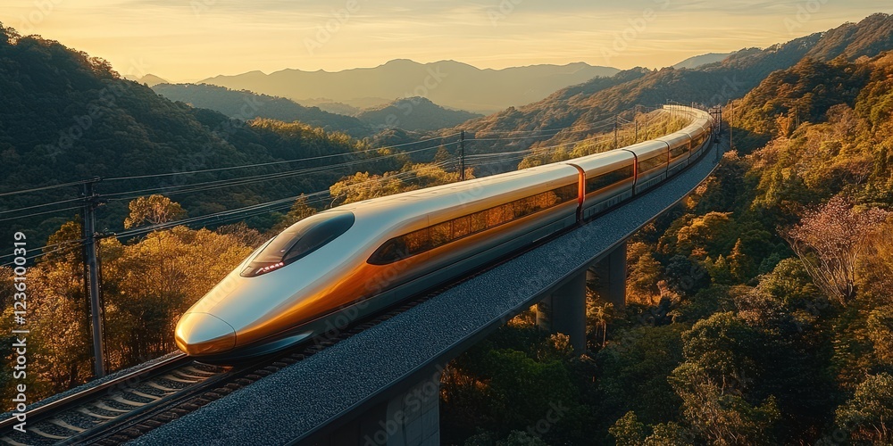 Fototapeta premium High-Speed Bullet Train Zipping Through Scenic Valley Surrounded by Lush Mountains and Vibrant Greenery During Golden Hour Light