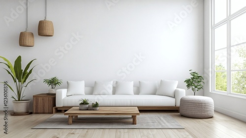 Minimalist Living Room Interior Design with White Sofa and Wooden Coffee Table