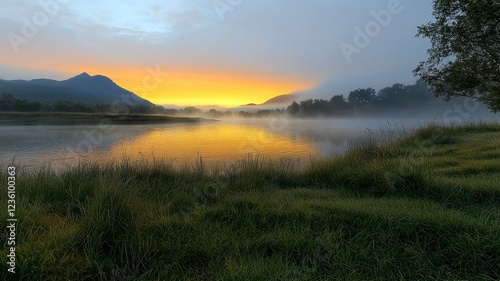 Peaceful river flowing soft ripples concept. A serene landscape at dawn featuring mist over a river, framed by mountains and lush greenery, illuminated by a warm golden sunrise.