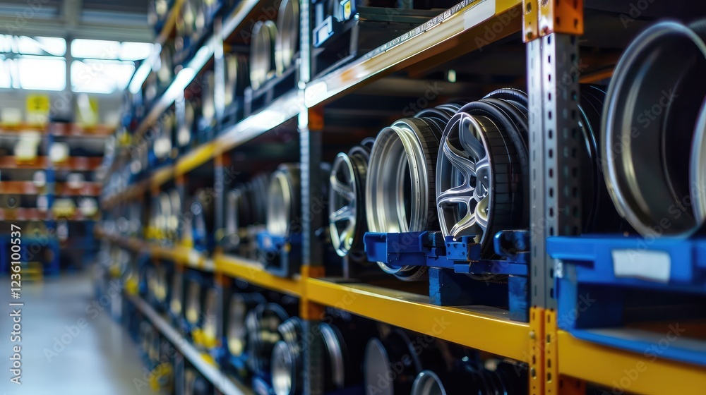 Naklejka premium Organized Warehouse with Alloy Wheels on Shelves