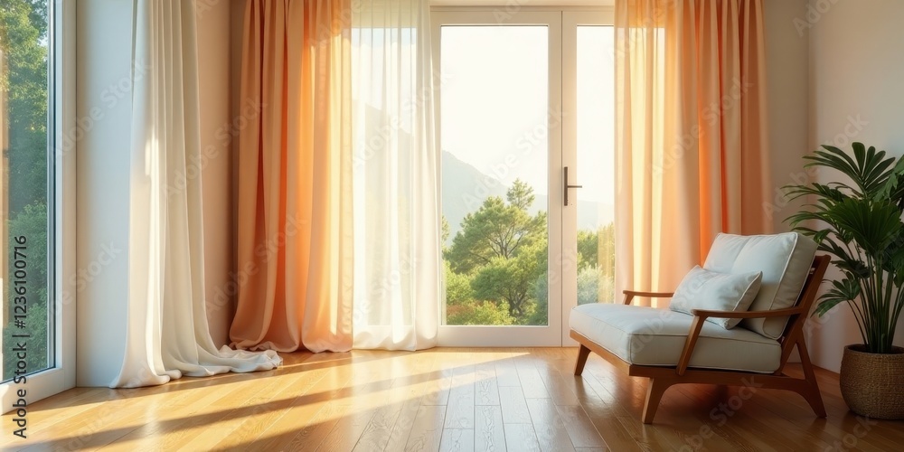 Sunlight streams through sheer curtains onto light wood floors, illuminating a minimalist living space with a comfortable armchair and lush potted plant. Sunlight streams through sheer curtains onto light wood floors, illuminating a minimalist living space with a comfortable armchair and lush potted plant.