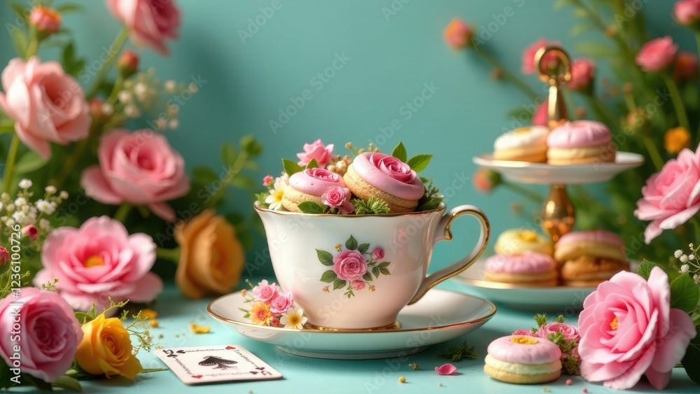 Fototapeta premium A Delicate Teacup Filled with Rose-Decorated Pastries, Surrounded by Blooming Roses and a Playing Card