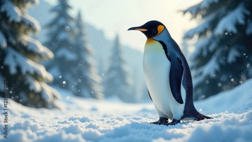 Obraz premium Majestic King Penguin in a Winter Wonderland, Standing Proud Amidst Snow-Covered Conifers