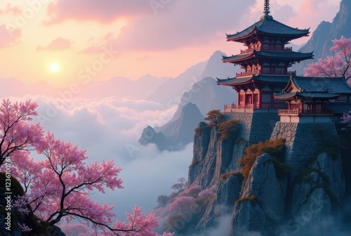 Serene Pagoda Perched on Misty Mountaintop at Sunrise, Embraced by Blooming Cherry Blossoms