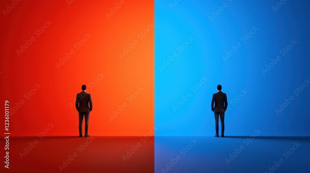 Two silhouetted figures stand on opposite sides of a vibrant red and blue background, symbolizing contrast, division, or differing perspectives. Two silhouetted figures stand on opposite sides of a vibrant red and blue background, symbolizing contrast, division, or differing perspectives.