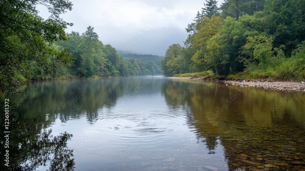 Fototapeta premium Peaceful river flowing soft ripples concept. A tranquil river scene with lush greenery and misty mountains in the background, reflecting calm waters under a cloudy sky.