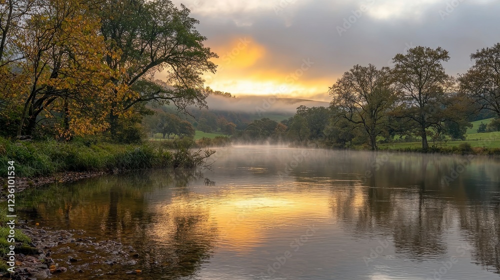 Peaceful river flowing soft ripples concept. A serene river at sunrise, surrounded by trees and mist, reflecting warm colors on the water. Peaceful river flowing soft ripples concept. A serene river at sunrise, surrounded by trees and mist, reflecting warm colors on the water.