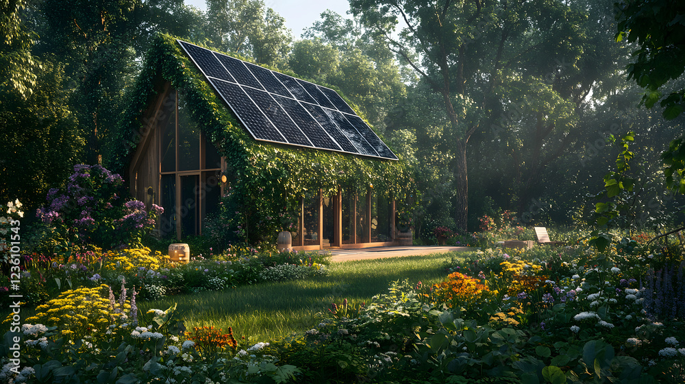 A sustainable house with solar panels integrated into the roof, surrounded by green trees and a beautiful array of flowers, emphasizing the harmony of nature and renewable energy. A sustainable house with solar panels integrated into the roof, surrounded by green trees and a beautiful array of flowers, emphasizing the harmony of nature and renewable energy.