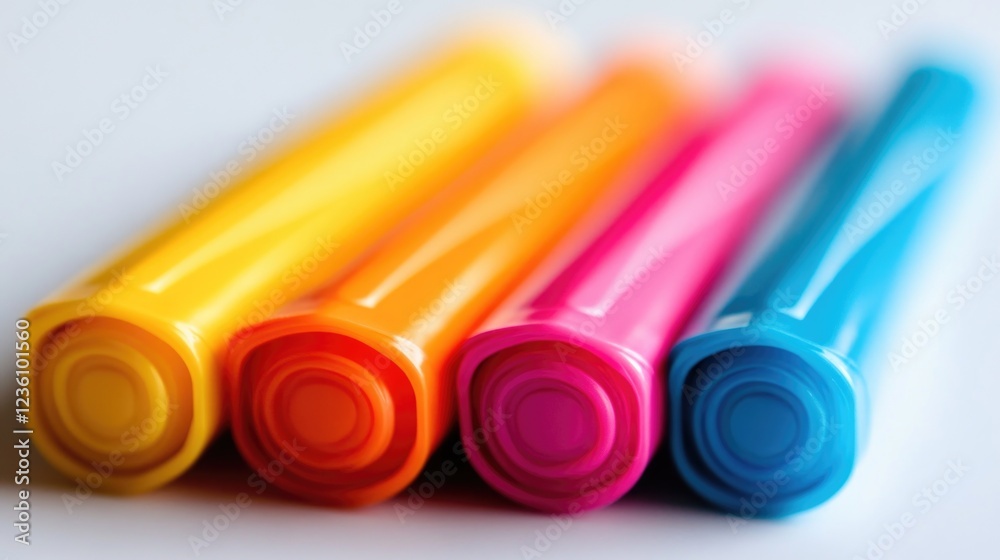 A collection of colorful pens resting on a table surface, ideal for office or creative use A collection of colorful pens resting on a table surface, ideal for office or creative use