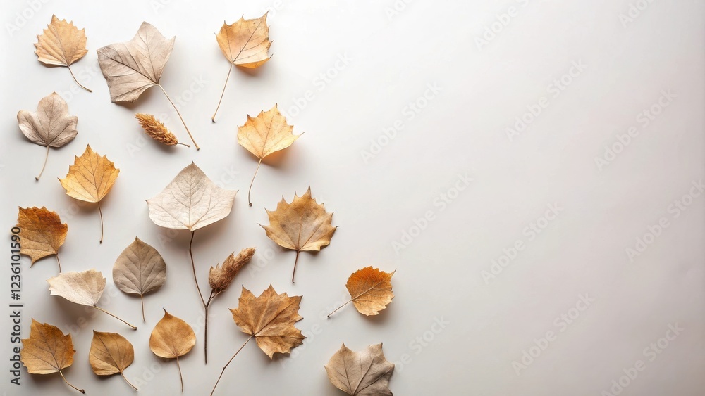 A simple yet elegant composition featuring scattered autumn leaves on a white background, showcasing the beauty of nature's transformation A simple yet elegant composition featuring scattered autumn leaves on a white background, showcasing the beauty of nature's transformation