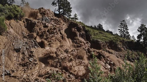 Mudslide Erupting from Fierce Mountainside, Natural Disaster in Action, Video, Generative AI photo