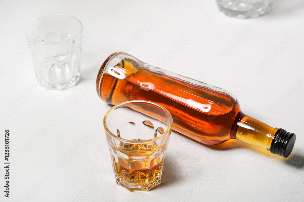 Fototapeta premium Glass and bottle of rum on white background