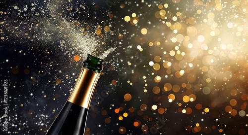 A champagne bottle popping on a sparkling background, with blank space for customized content, luxurious celebration for festival.