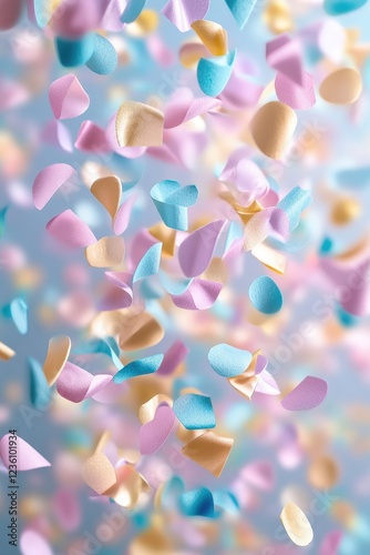 A bunch of colorful confetti hearts are suspended in mid-air, perfect for celebrations and romantic gestures
