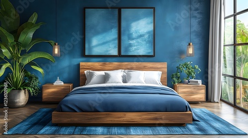 Fototapeta Naklejka Na Ścianę i Meble -  Cozy dark blue bedroom featuring home mockup on a stylish accent wall Modern decor and warm lighting create a peaceful retreat 3D render highlighting the inviting atmosphere of the space