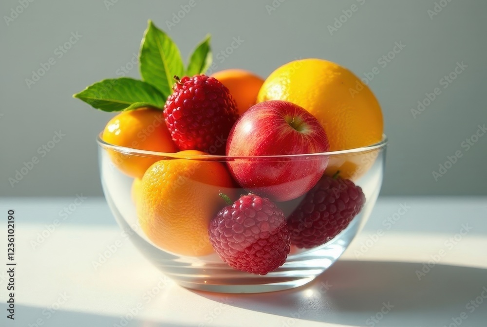 A vibrant assortment of ripe, juicy fruits and berries in a clear glass bowl, bathed in sunlight, presents a delightful and healthy snack option A vibrant assortment of ripe, juicy fruits and berries in a clear glass bowl, bathed in sunlight, presents a delightful and healthy snack option