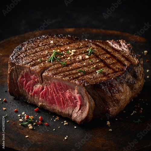 Thick-cut porterhouse steak with a crispy crust, isolated against a dark background.