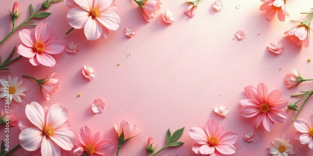 Delicate Pink Blossoms Arranged in a Soft and Gentle Frame on a Pale Pink Background Delicate Pink Blossoms Arranged in a Soft and Gentle Frame on a Pale Pink Background
