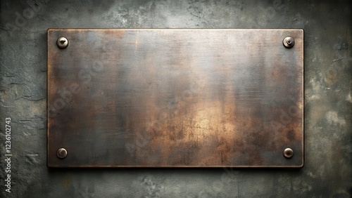 A weathered copper plate with a worn and rustic texture, secured by four rivets, set against a backdrop of rough stone.