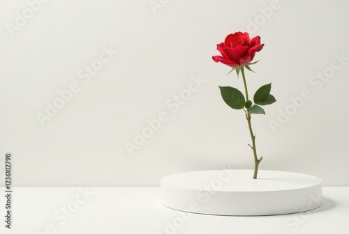 Wallpaper Mural Single Red Rose on White Circular Pedestal Elegant Minimalist Botanical Still Life Photography Torontodigital.ca