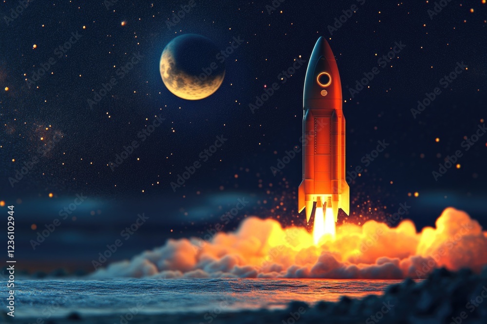 Obraz premium A rocket blasts off into space with the moon serving as a backdrop