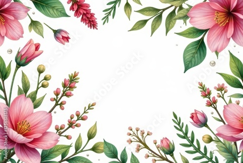 Floral Frame with Delicate Pink Blossoms and Lush Greenery, Ideal for Wedding Invitations, Announcements, or Elegant Designs