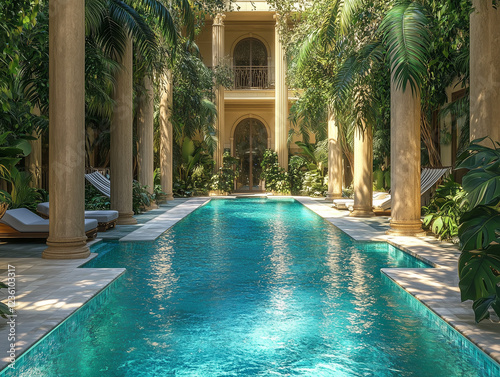 luxurious swimming pool beckons with its sparkling azure waters in vibrant tapestry of emerald foliage flanked by elegant architectural columns and adorned with inviting hammocks photo