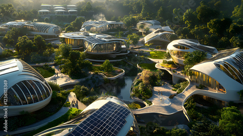 A sustainable housing complex with homes equipped with solar panels, designed to reduce energy consumption and provide a low-carbon, renewable power solution.