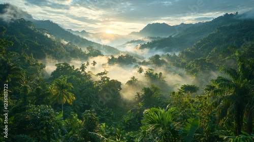 Fototapeta Naklejka Na Ścianę i Meble -  Sunrise over misty tropical valley, lush jungle
