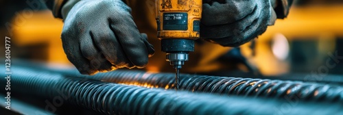 A worker operates a power drill on metal rods in a workshop, showcasing precision and craftsmanship in an industrial setting.