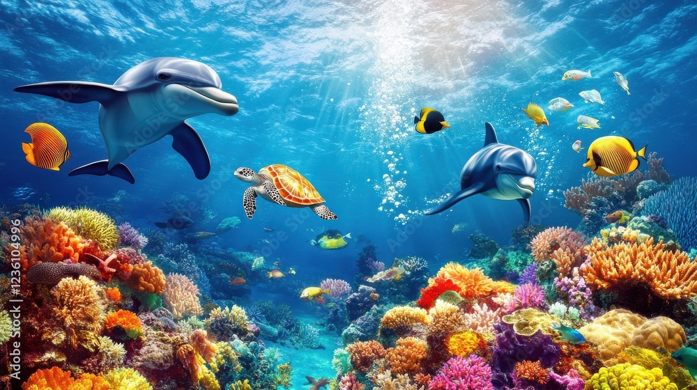 Fototapeta premium Colorful Underwater Scene with Dolphins, Turtle and Vibrant Coral Reefs