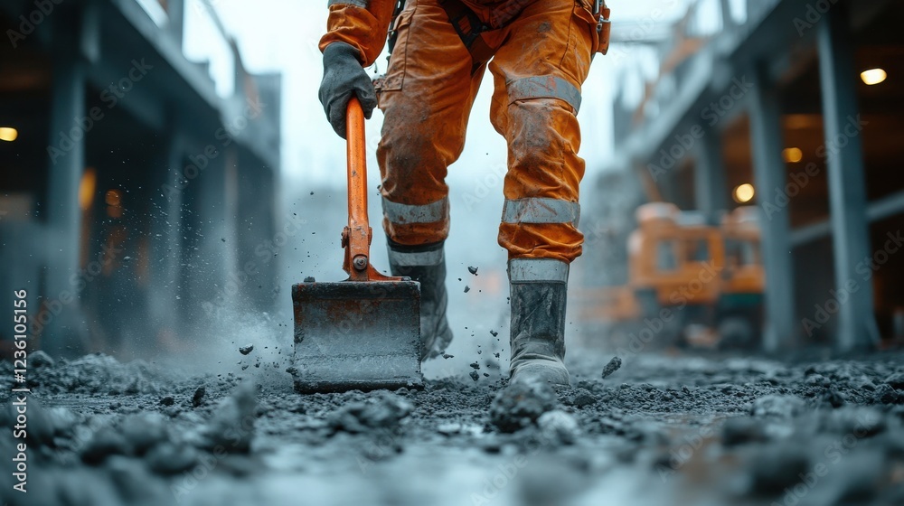 A construction worker in an orange uniform is shoveling gravel, with a blurred construction site visible in the background, creating dust and a sense of action. A construction worker in an orange uniform is shoveling gravel, with a blurred construction site visible in the background, creating dust and a sense of action.