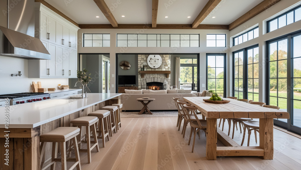 Beautiful panorama of white kitchen and dining room in new luxury home, with pendant lights, dining room table and chairs, kitchen island, and Beautiful panorama of white kitchen and dining room in new luxury home, with pendant lights, dining room table and chairs, kitchen island, and