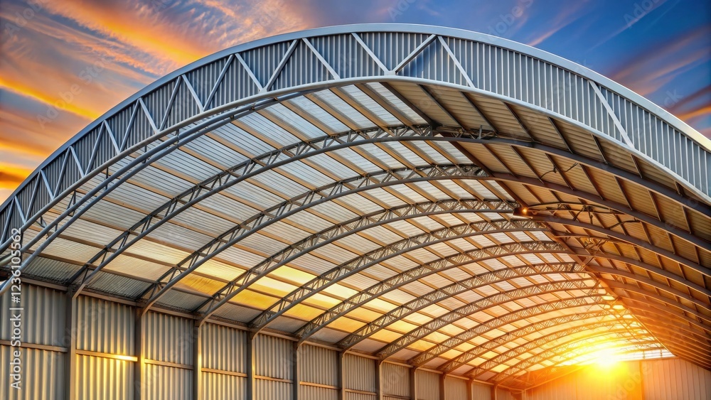 Obraz premium The structural beauty of a large arched metal roof, constructed with intricate truss patterns, bathed in the warm glow of a setting sun.