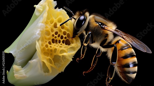 Honey Bee on Flower Macro Close-up with Black Background photo