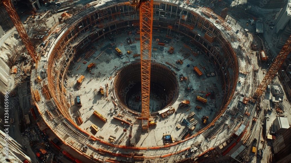 Obraz premium Aerial view of a large construction site featuring a circular foundation with cranes and machinery, indicative of ongoing infrastructure development.