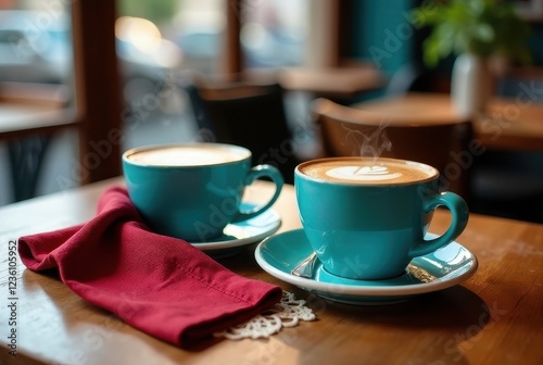 Two teal cups of aromatic coffee with latte art, sitting on saucers atop a wooden table with a burgundy napkin