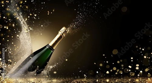 A champagne bottle popping on a sparkling background, with blank space for customized content, luxurious celebration for festival.