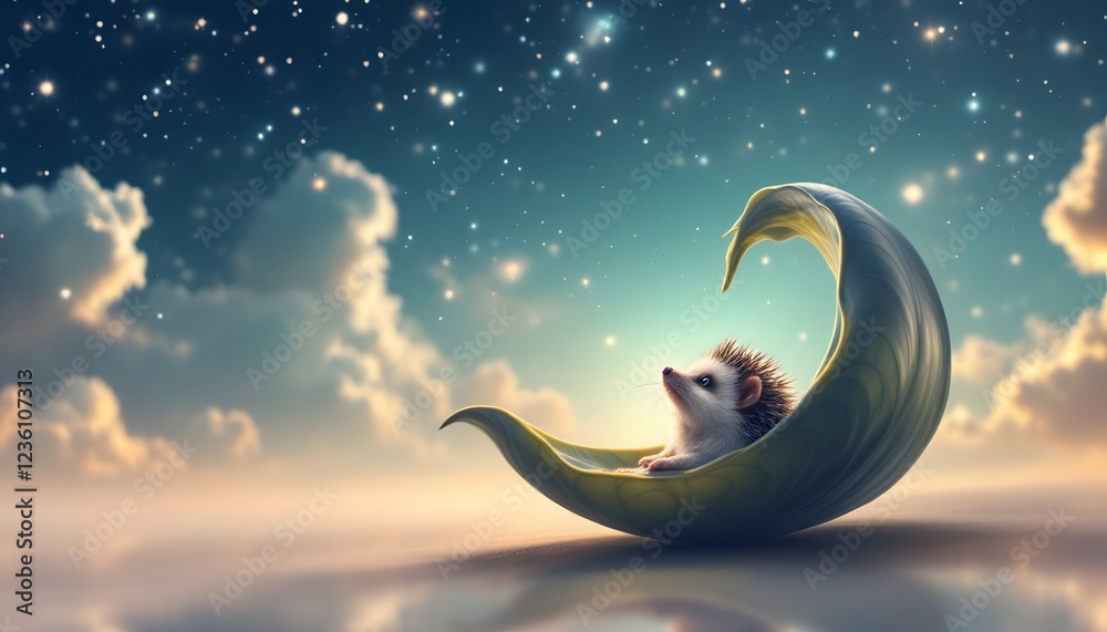 Obraz premium Adorable Hedgehog in Leaf Crescent Moon Night Sky Art