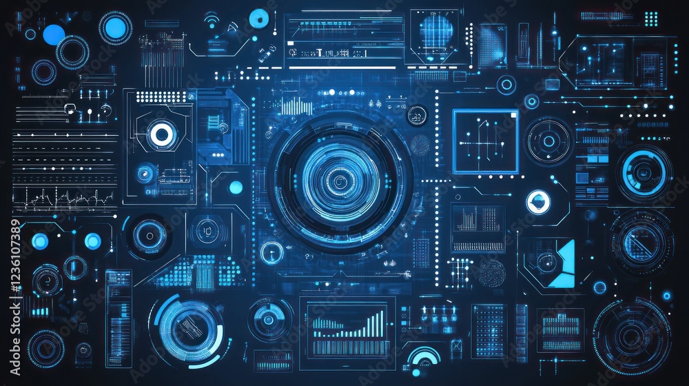 Fototapeta premium Futuristic digital interface with interconnected data points and graphs, technology concept