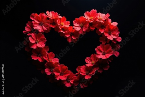 A vibrant heart shape composed of numerous crimson blossoms, elegantly arranged against a stark black backdrop, creating a visually striking and romantic image.