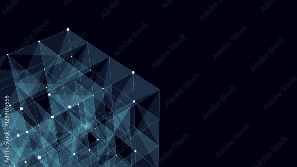 3D futuristic geometric cube with blue dots and lines. Abstract wireframe blockchain. Science vector background. Structure technology network connection. Ai in dark cyberspace background.