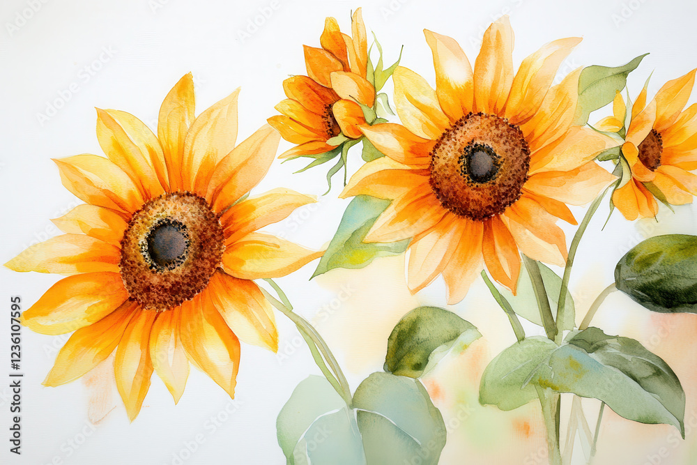 Obraz premium Bright and vibrant watercolor painting of sunflowers showcasing their golden petals and rich brown centers, evoking sense of warmth and joy