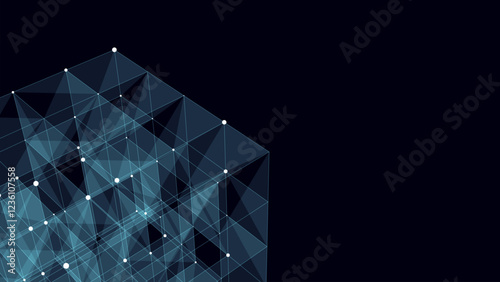 3D futuristic geometric cube with blue dots and lines. Abstract wireframe blockchain. Science vector background. Structure technology network connection. Ai in dark cyberspace background.