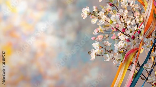 Nowruz spring celebration with blooming apple tree and colorful ribbons. photo