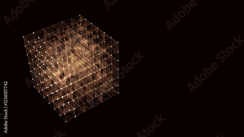 3D futuristic geometric cube with orange dots and lines. Abstract wireframe blockchain. Science vector background. Structure technology network connection. Ai in dark cyberspace background.